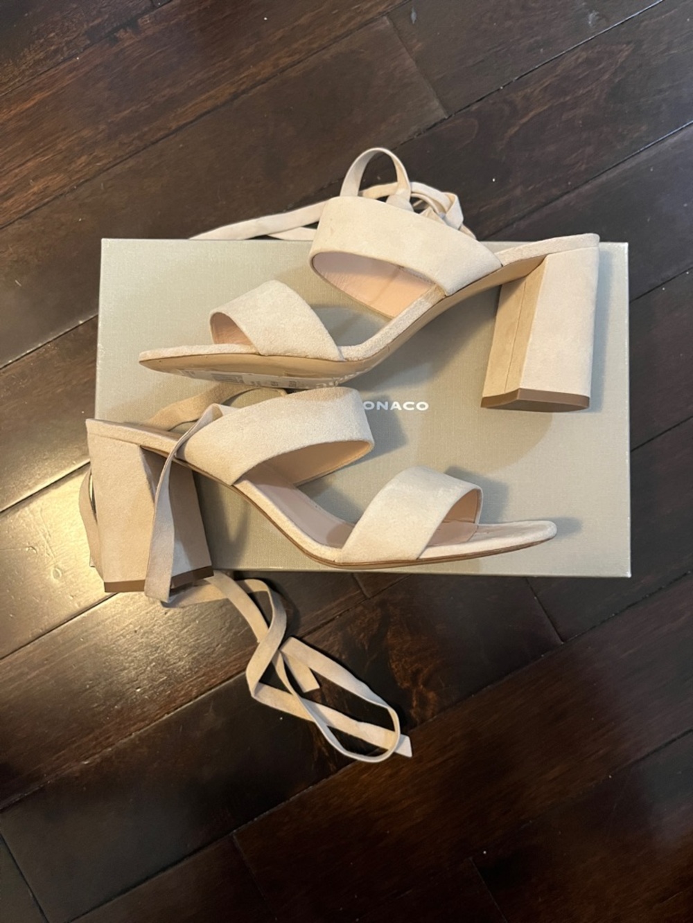 Club Monaco Light Beige Suede Wrap Heels made in Italy